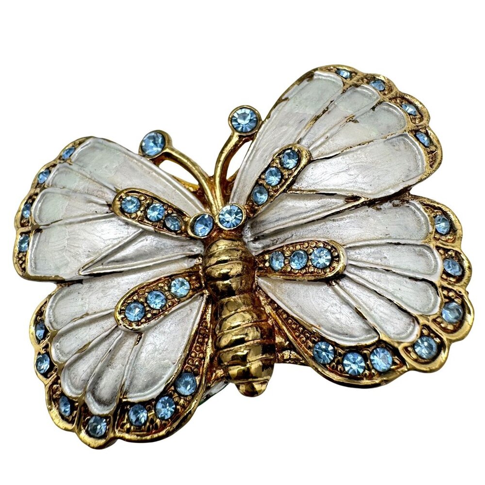 Butterfly Silver Blue Trinket Box Rhinestones Enamel Collectible Hinged Jewelry